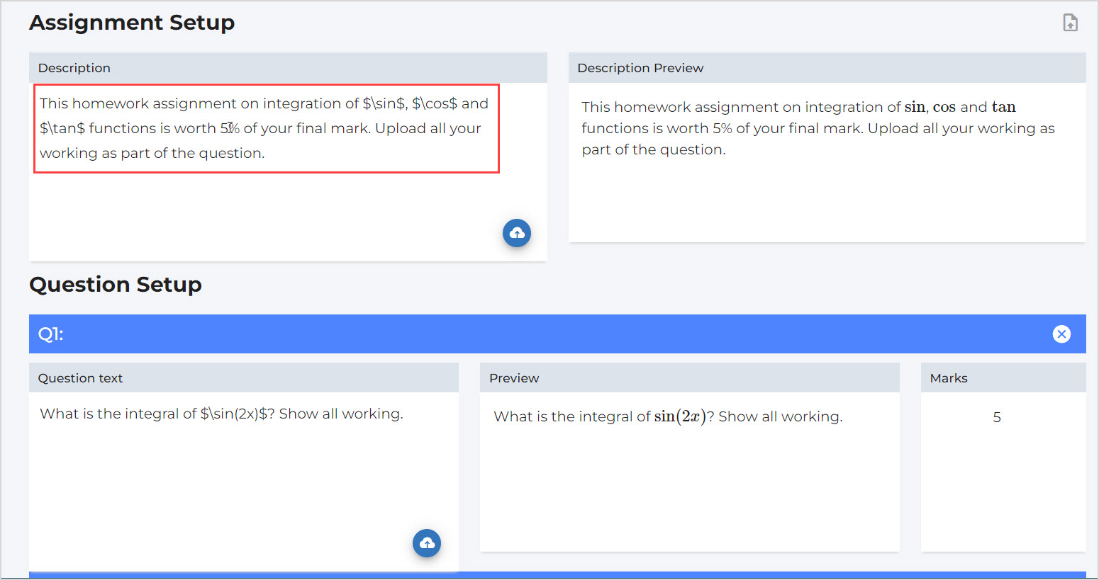 The Assignment Setup and Question Setup headings are highlighted, with content to be edited in these sections.